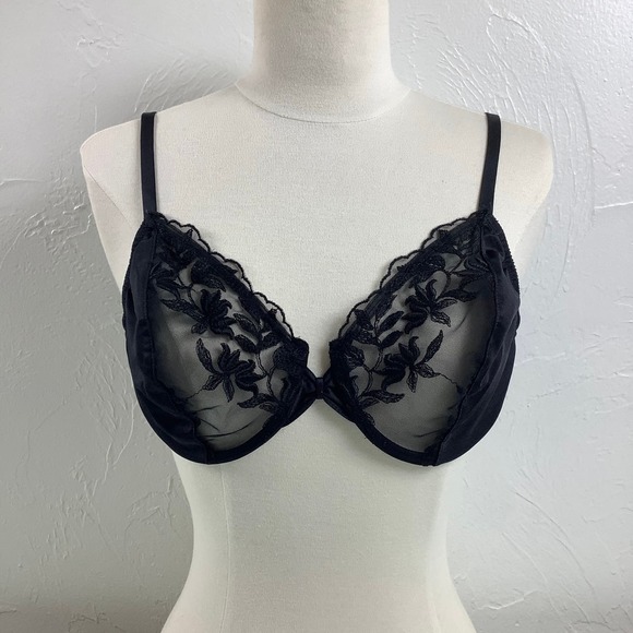 VTG Vanity Fair Paper Tag Black Nylon Lace Balconet wired bra SZ 38B EUC - Picture 1 of 11